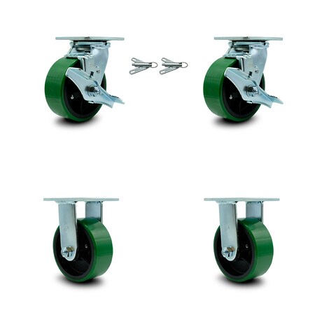Service Caster 5 Inch Green Poly on Cast Iron Caster Set with 2 Brakes/Swivel Lock 2 Rigid SCC SCC-30CS520-PUR-GB-TLB-BSL-2-R-2